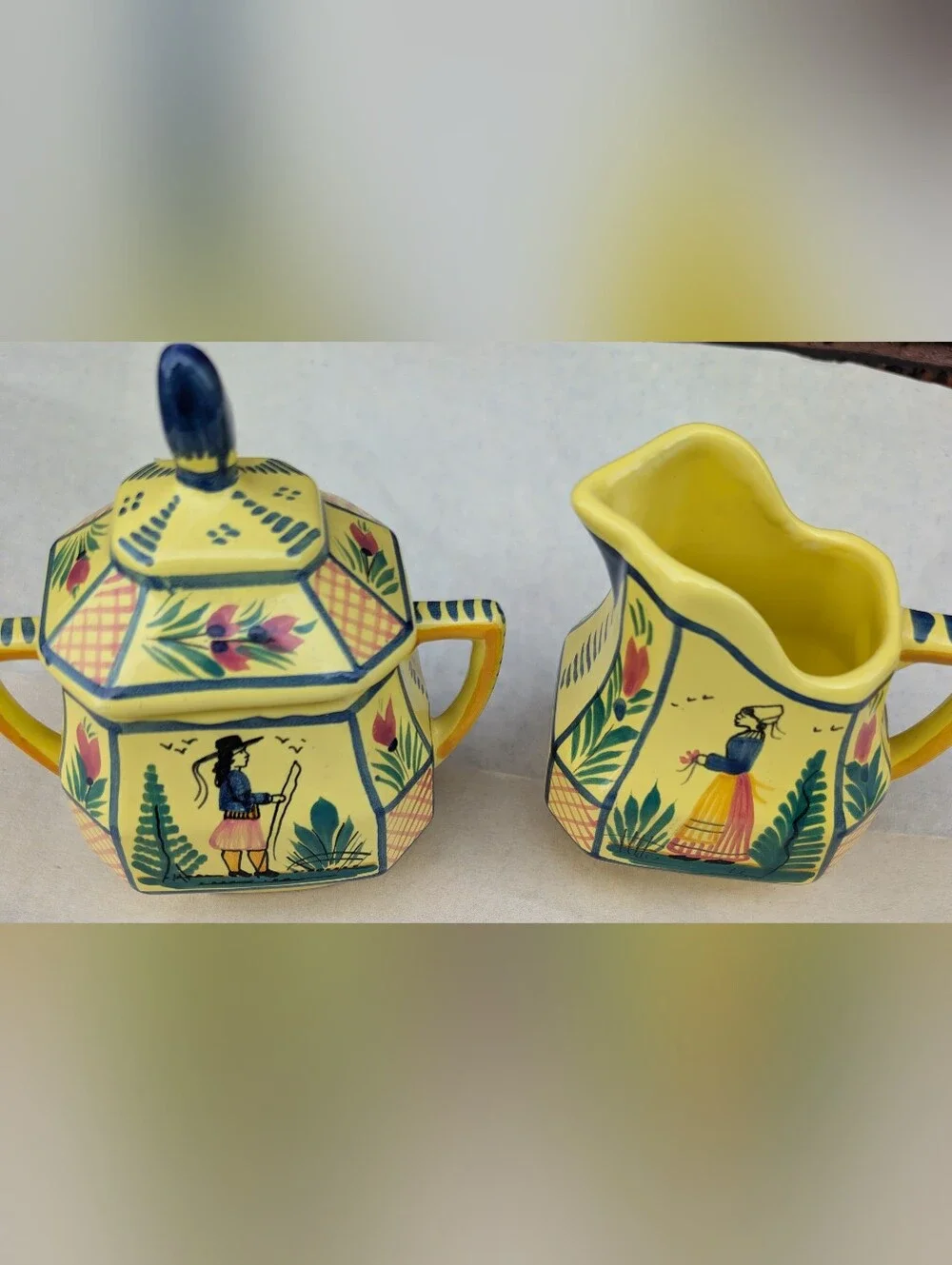 VTG HB Quimper Hand-Painted Yellow Ceramic Sugar and Creamer Set NICE CONDITION